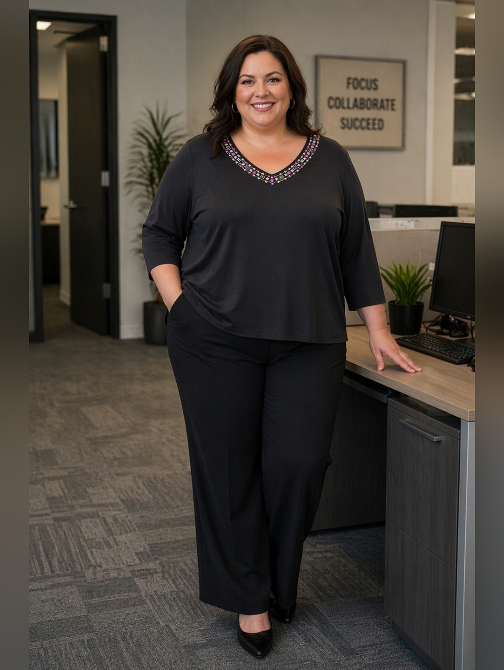 Tan Jay Black V-Neck Embellished Women's Top Sz XL